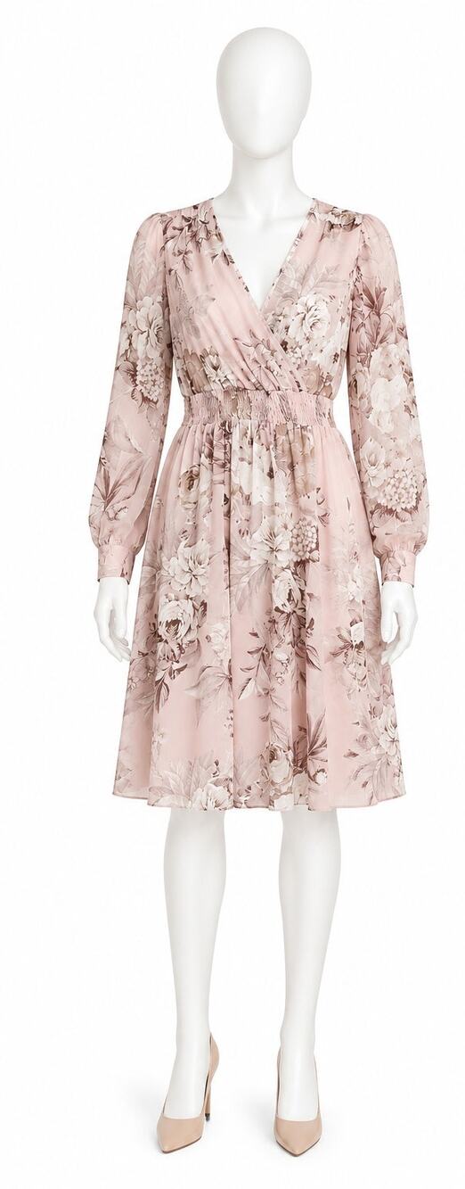 Kate & Lily Floral Chiffon Midi Dress Sz 6 Pink Smocked Waist Long Sleeve boho